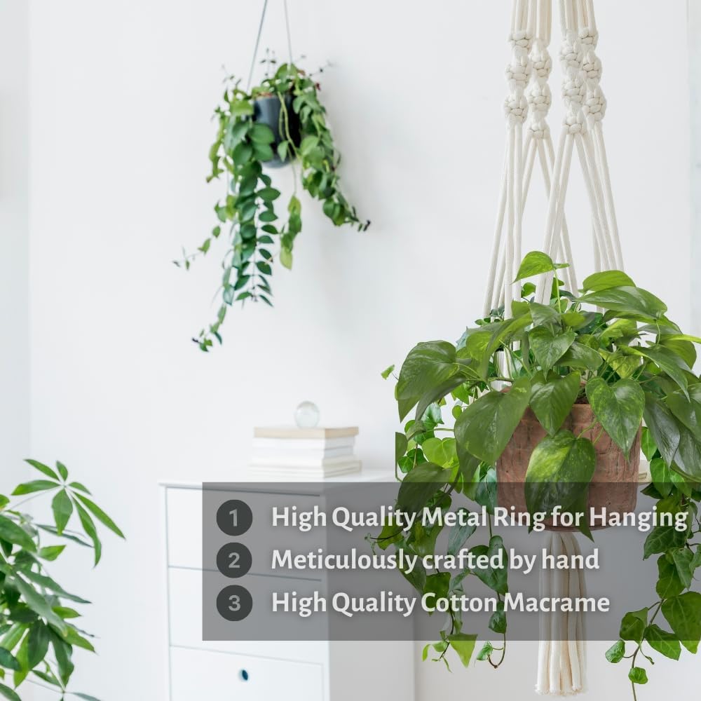3 Pack Macrame Plant Hanger Indoor Hanging Planter for Plants Holder, Hanging Pot Holder Macrame Decorative Flower Pot Holder with 3 Hooks for Indoor Outdoor Boho Home Décor, Ivory (POTS NOT INCLUDED)