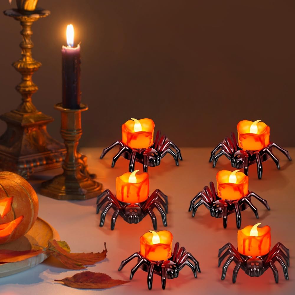 12 PCS Halloween Tea Lights Candles, Battery Operated Halloween's Flameless LED Candles, Spider Tealights Spooky Electric Flickering Fake Candle for Halloween Party Decorations