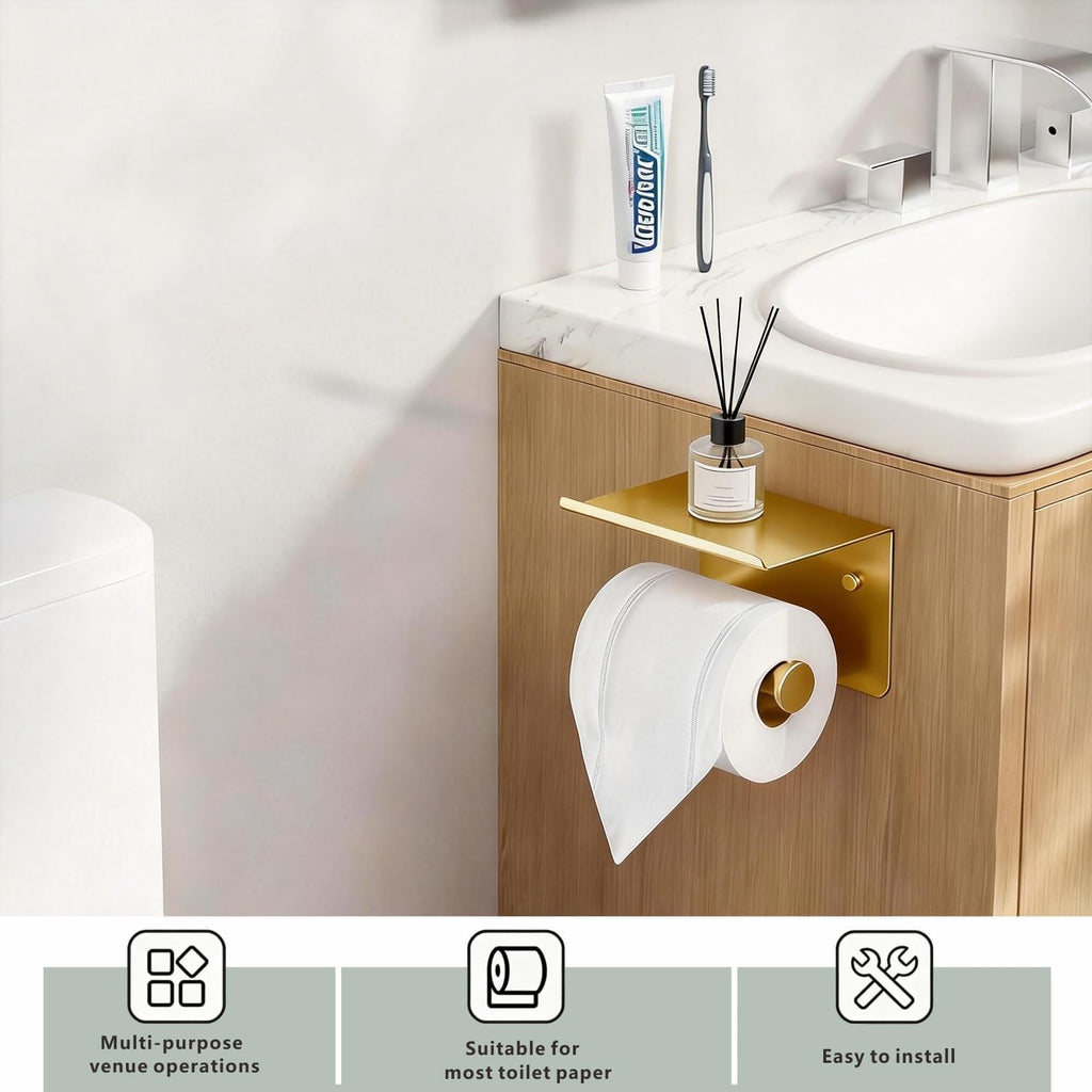 Toilet Paper Holder with Shelf, Heavy-Duty Stainless Steel Bathroom Hardware, Self-Adhesive No-Drill/Drill-Mount Wall-Mounted Roll Holder, Rust-Proof Bathroom Tissue Rack (Gold)