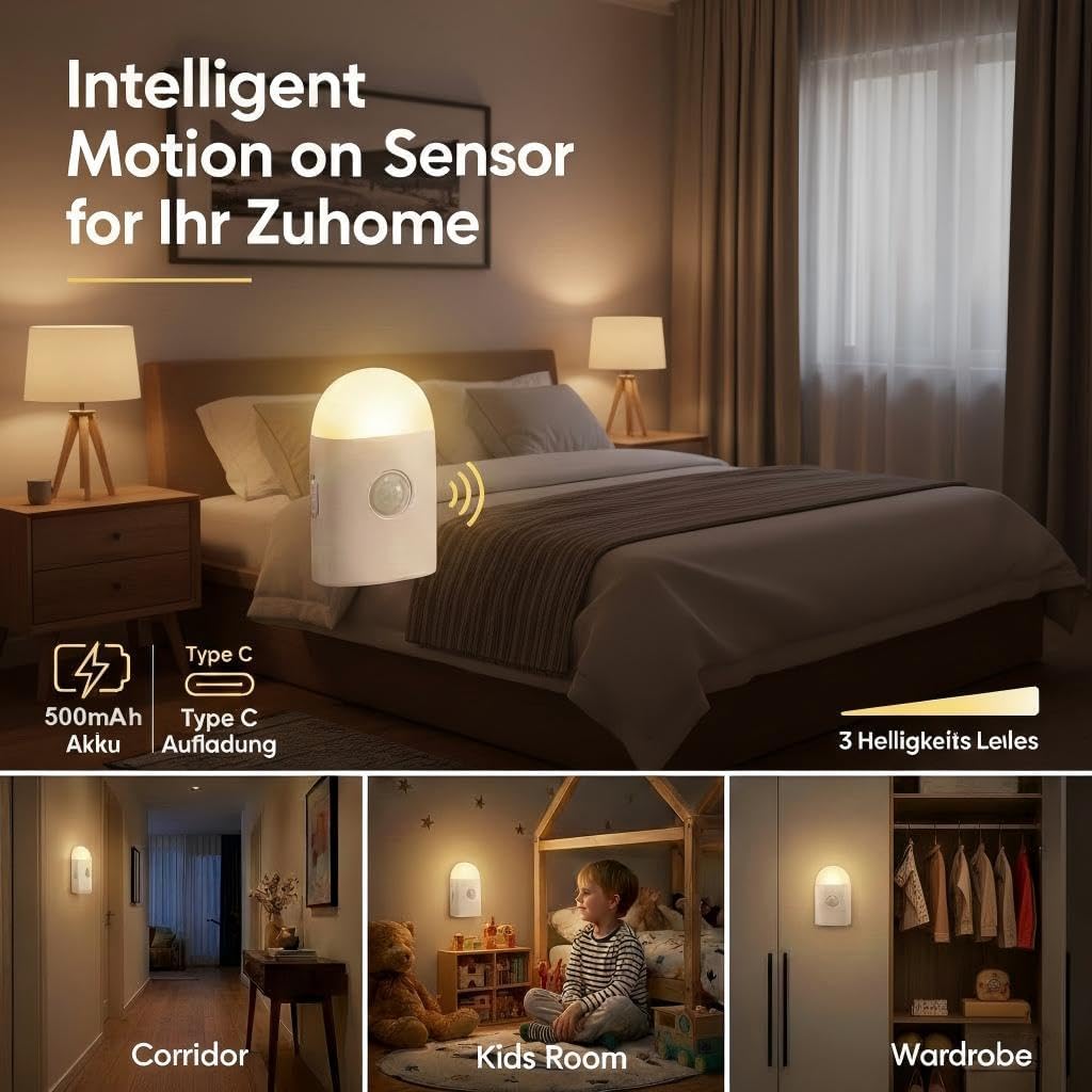 Motion Sensor LED Night Light,Warm White Dimmable Rechargeable Stick & Hook