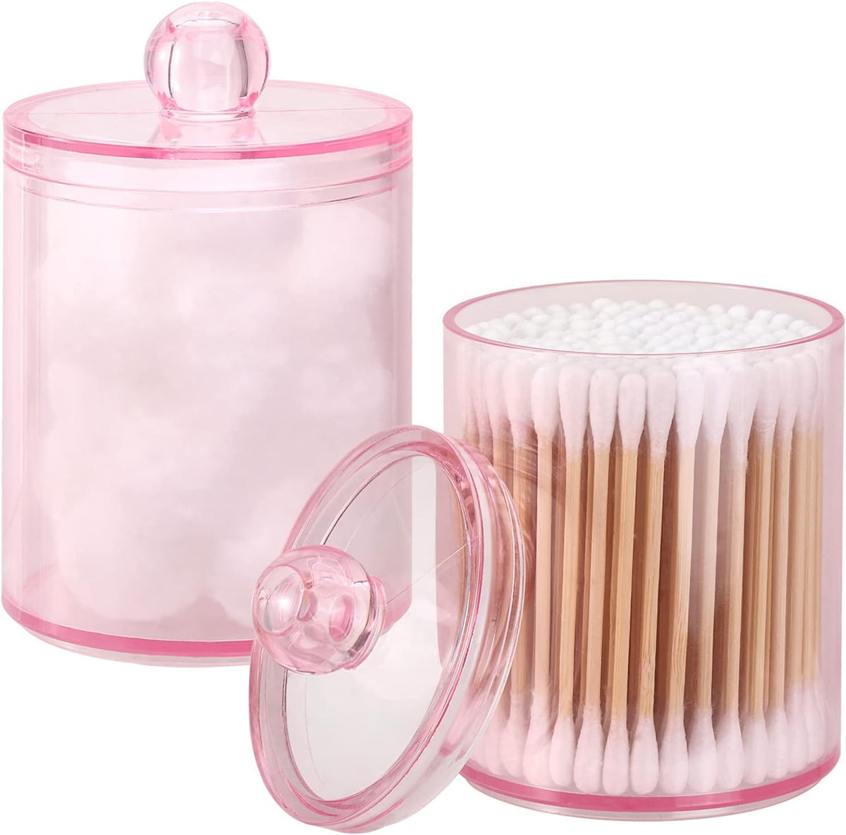 Tbestmax 2 Pack Qtip Holder Bathroom Jars Canisters for Cotton Ball Swab Pad Storage Dispenzer, Pink 10-Ounce