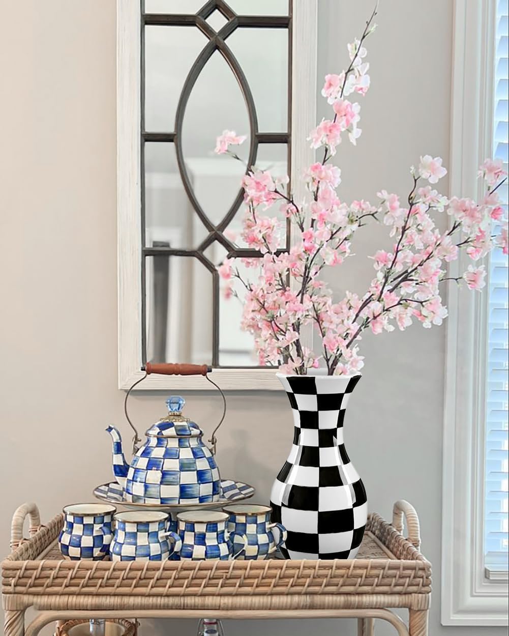 Black and White Ceramic Vase 11" Checkered Flower Vase with Wide Mouth