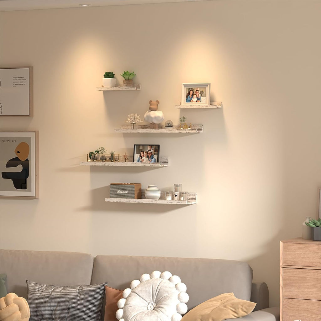 Giftgarden 24 Inch Wall Mounted Floating Shelves Set of 5, Distressed White Wood Wall Shelves for Bathroom, Bedroom, Kitchen, Living Room Storage and Decoration, Rustic Wooden Picture Ledge