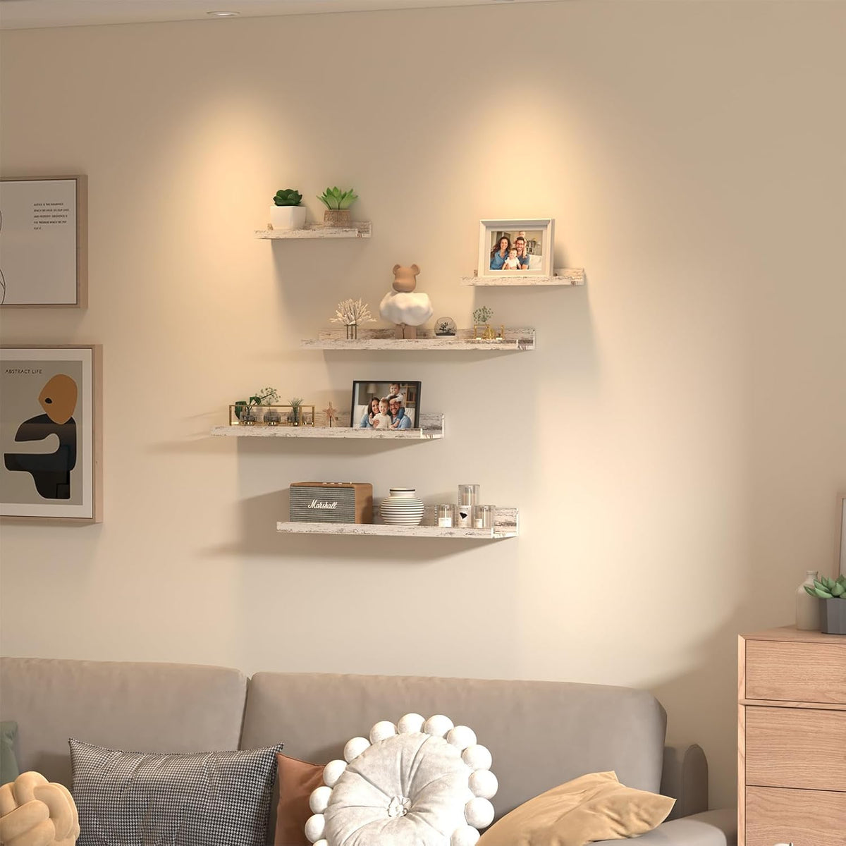 Giftgarden 24 Inch Wall Mounted Floating Shelves Set of 5, Distressed White Wood Wall Shelves for Bathroom, Bedroom, Kitchen, Living Room Storage and Decoration, Rustic Wooden Picture Ledge