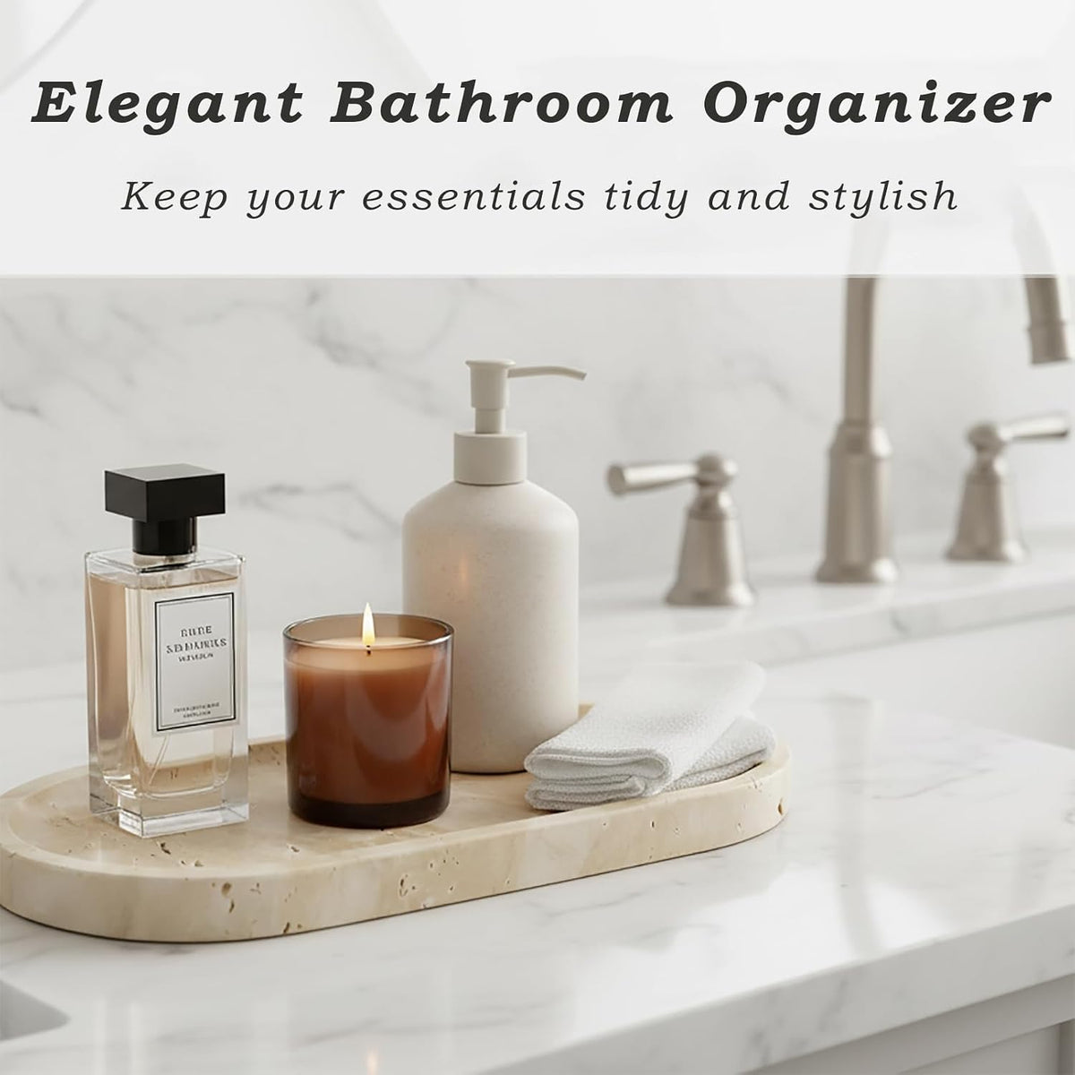 Natural Travertine Vanity Tray for Bathroom Countertop, 12" L x 6" W Light Beige Cream Decorative Tray with 4 Non-Slip Silicone Gaskets, Marble Tray for Jewelry, Perfume, Dresser Organizer