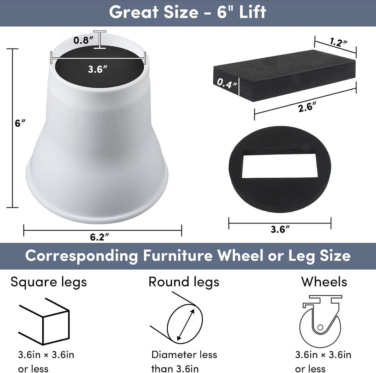 DEDU Bed Risers 6 Inch Heavy Duty 6 Pack, Furniture Risers with Caster Pads Supports Up to 6600 Lbs, Round Couch Risers for Sofas, Couch, Desk or Chair (White)
