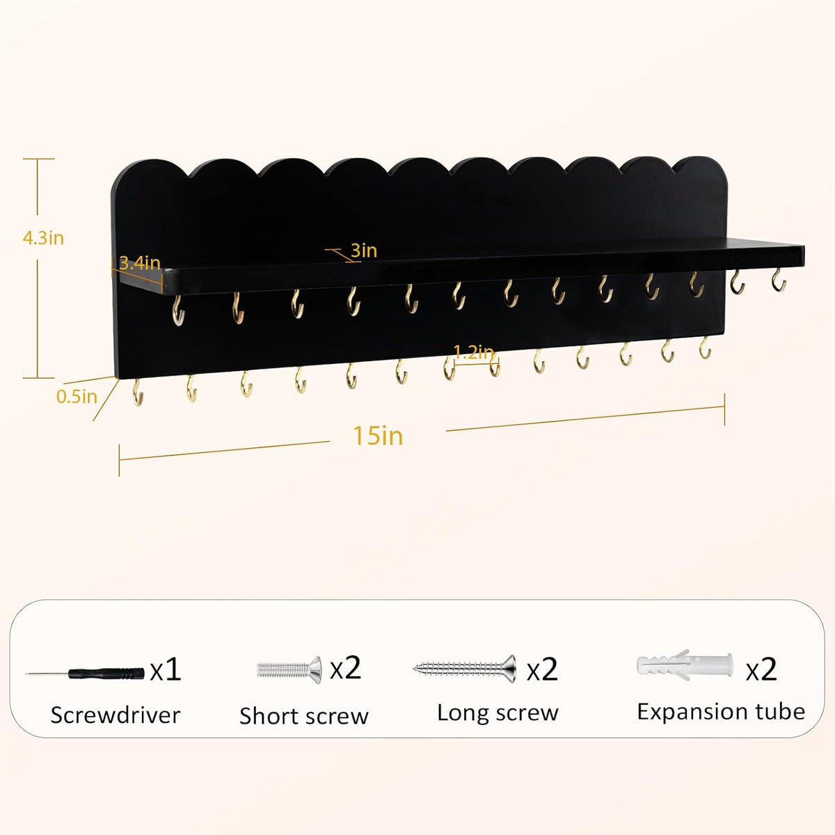 Wall Mount Jewelry Organizer with 26 Hooks and Cosmetics Shelf, Modern Wood Hanging Jewelry Holder for Necklaces, Bracelets, Earrings and Rings, Black