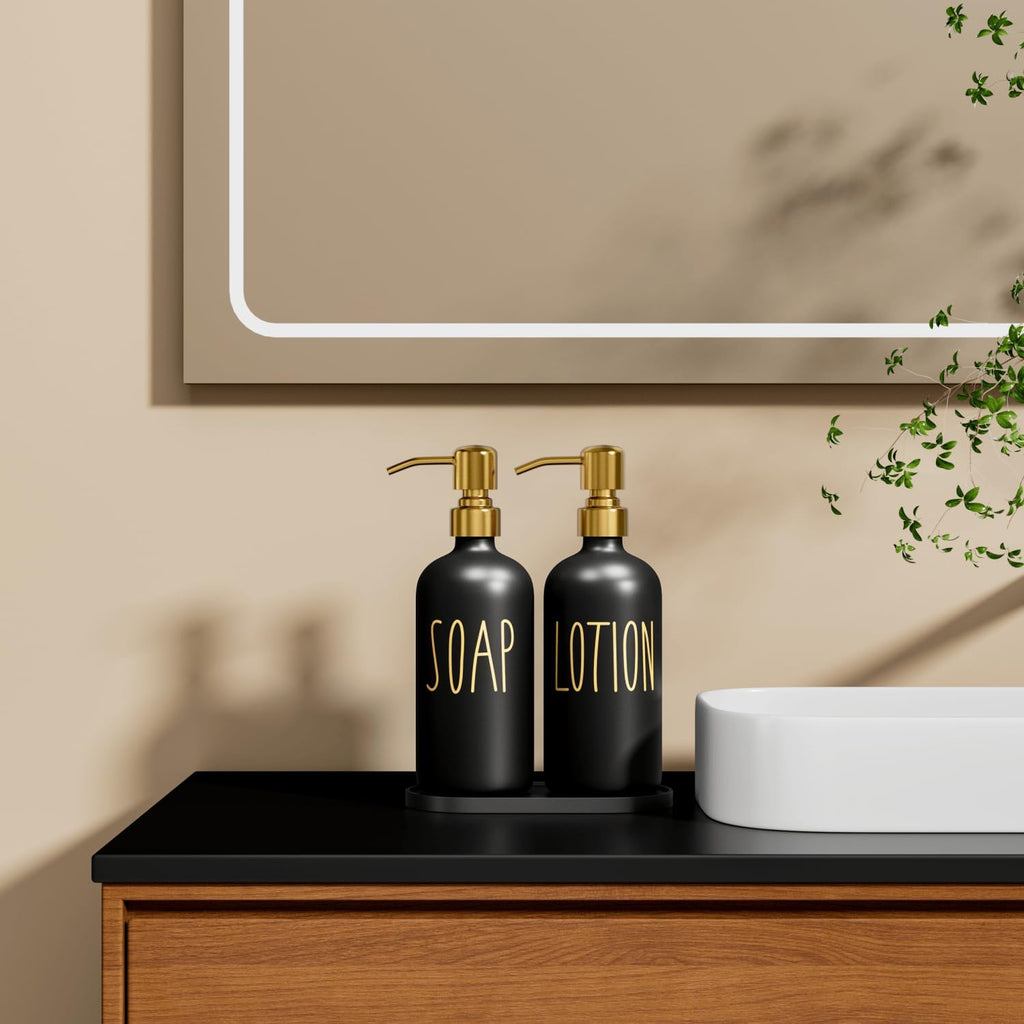MOMEEMO Bathroom Soap Dispenser Set, Black & Gold