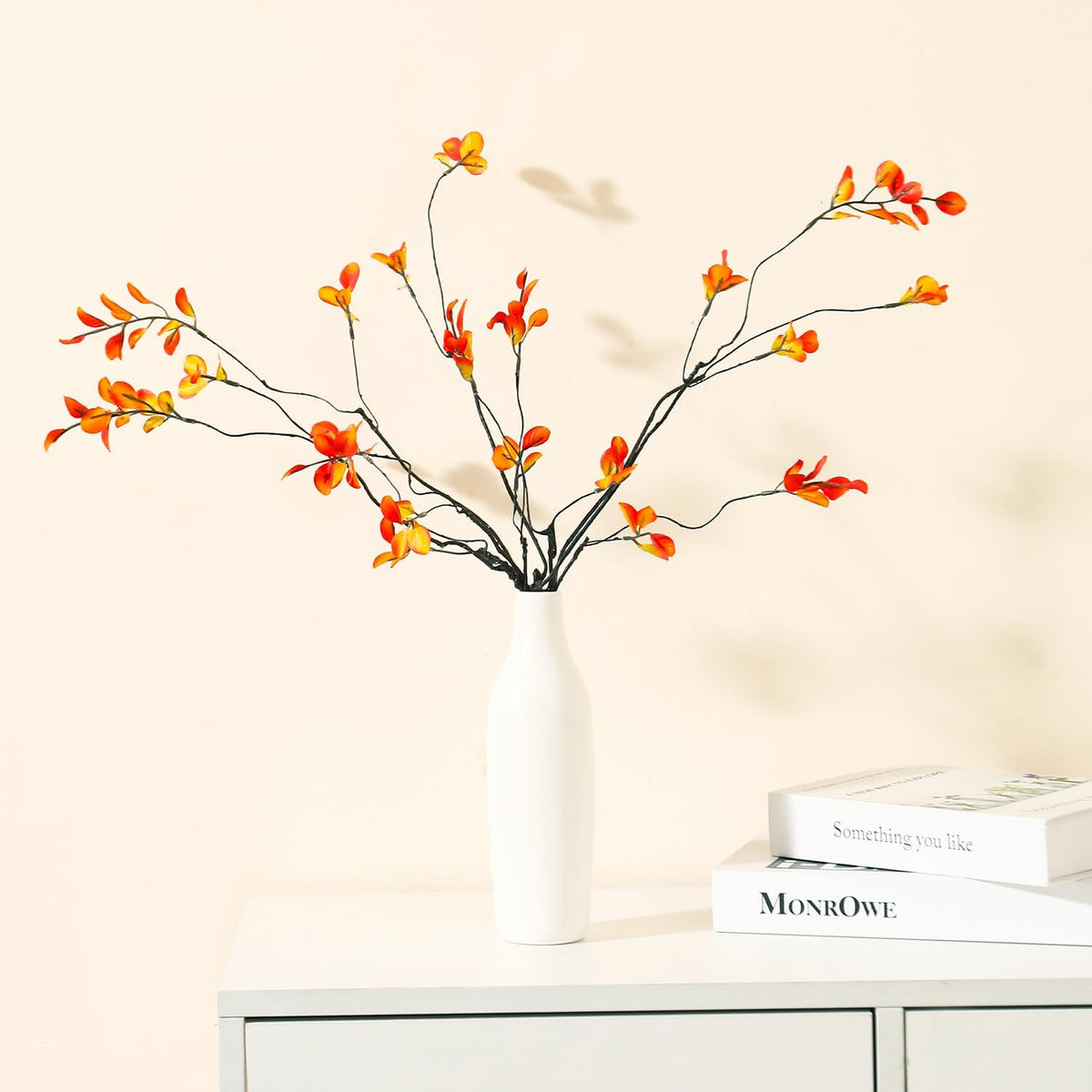 5Pcs Fall Stems Artificial Ficus Branches with Vases,Fall Faux Eucalyptus Stems in Flower Vase,Yellow Fake Plant leaves for Thanksgiving Autumn Home Bedroom Decor Centerpiece Table Decoration