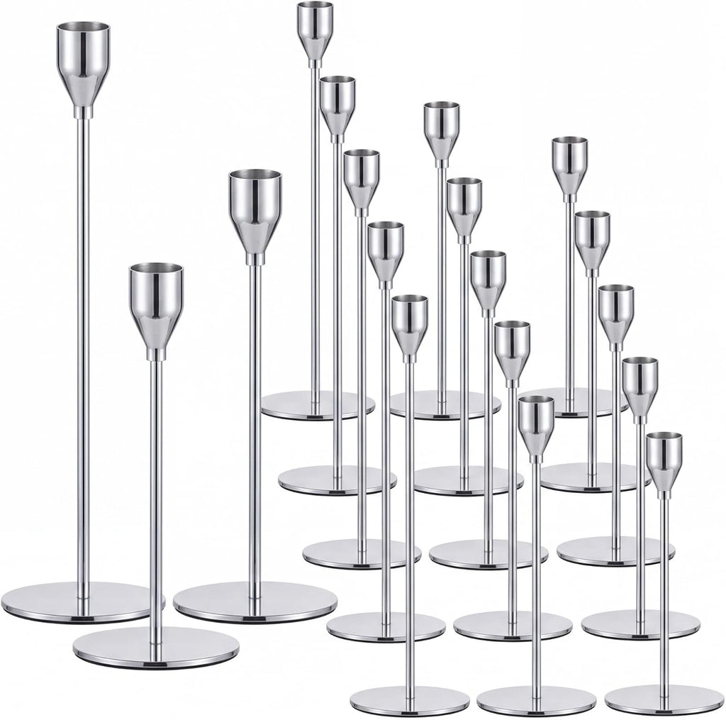 18 Pcs Silver Tall Taper Candle Holders, 3 Sizes, Fits 3/4" Candles