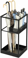 Freestanding Umbrella Stand Rack for Entryway, Metal Umbrella Holder with Removable Drip Tray and Storage Basket, Large Capacity Organizer for Long and Folding Umbrellas Indoor Office Home (Black)