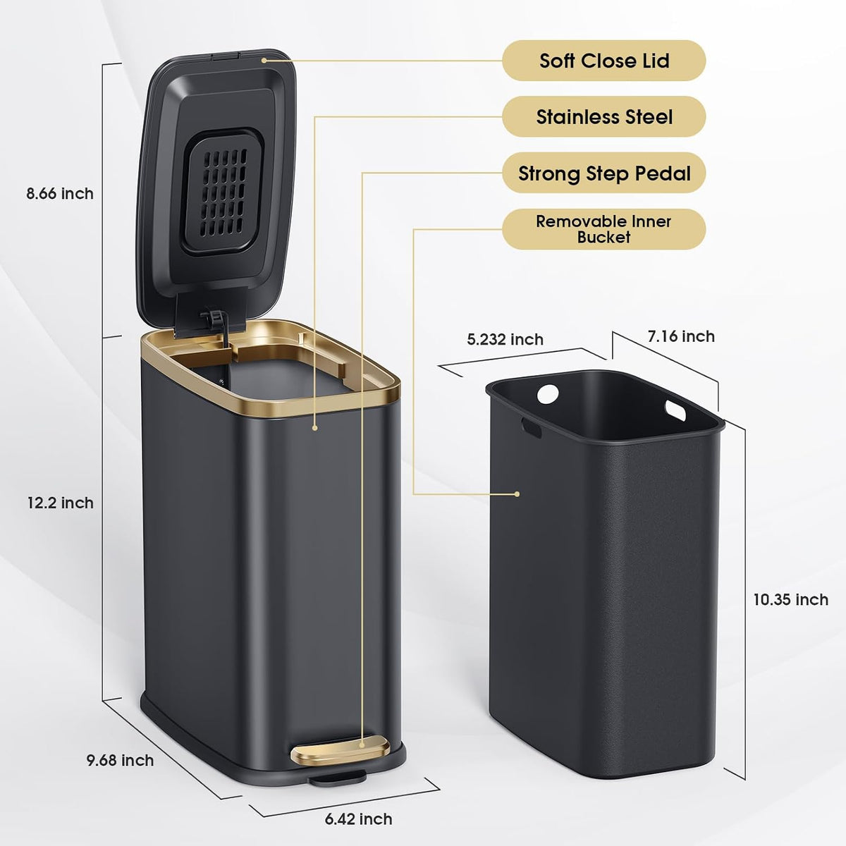 CEROELDA Small Bathroom Trash Can with Lid-5L/1.3 Gal-Soft Close Lid-Black