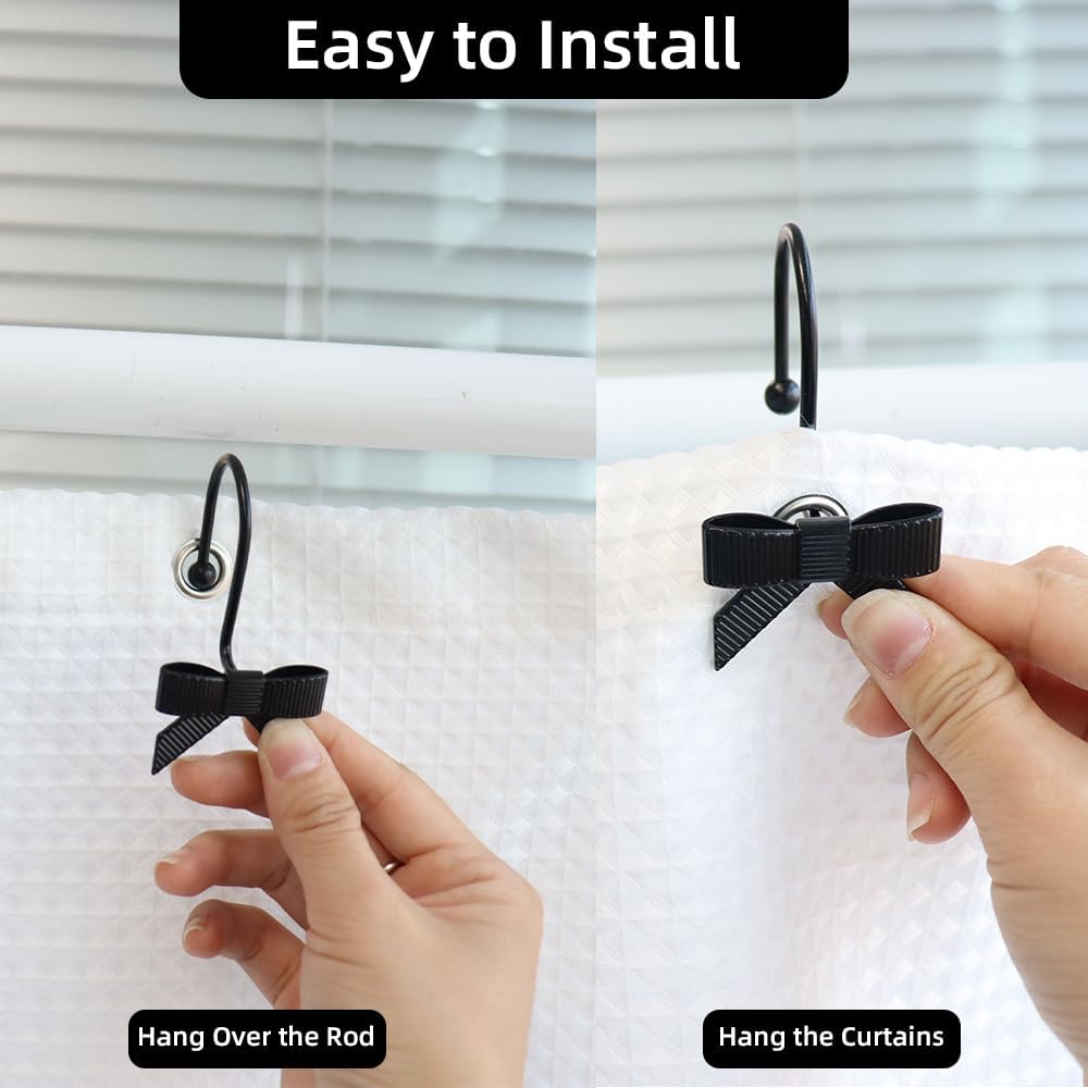 Decorative Shower Curtain Hooks, Luxury Bowknot Shower Curtain Rings, Modern Bow Shower Curtain Hangers, 12PCS Shower Hooks for Home Decor, Bathroom, Bedroom, Living Room (Black)