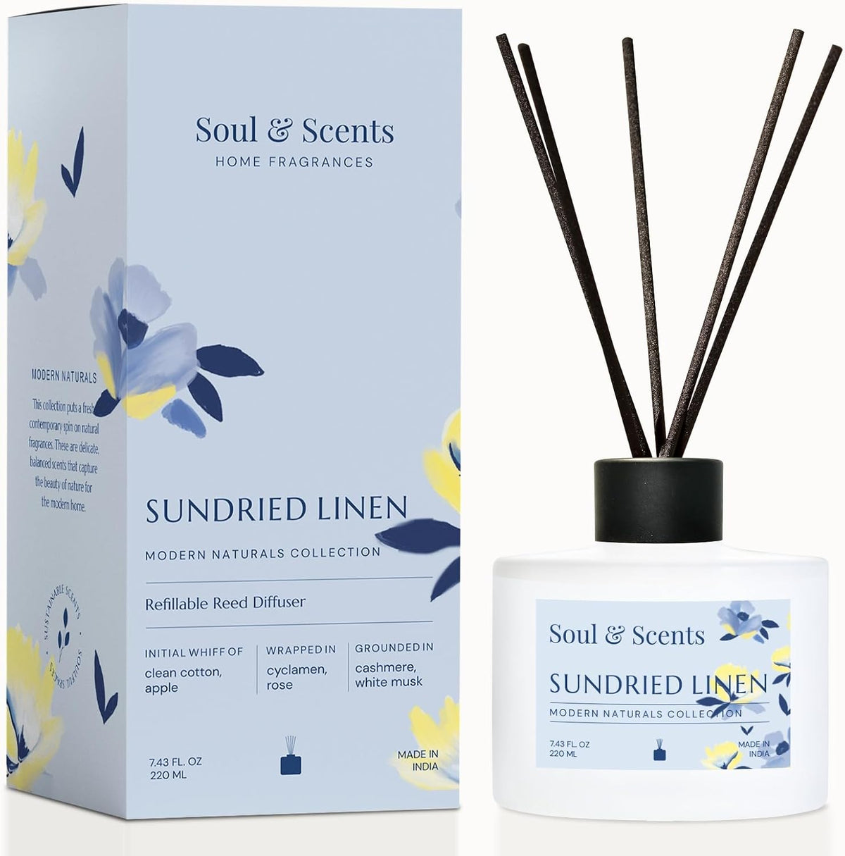 Soul & Scents Reed Diffuser Set – Sundried Linen | 7.43 oz Refillable Scented Oil with 6 Fiber Sticks | Long-Lasting Home Fragrance & Air Freshener for Bedroom, Bathroom, Office | Gift & Décor Piece