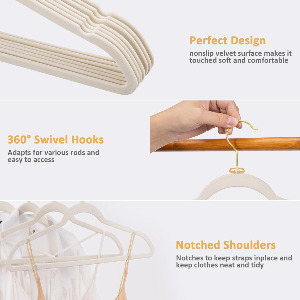 Heavy Duty Velvet Hangers 30 Pack - Non-Slip, Space-Saving Clothes Hangers for Coat/Suit with 360° Rotating Gold Hooks, Durable Premium Felt Hanger for Closet Organization- Ivory