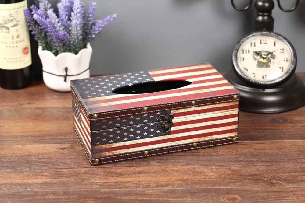 DreamsEden Wooden Tissue Box Cover Holder - Vintage Flag Style Classical Napkin Box for Home Office Room Decor (American Flag)