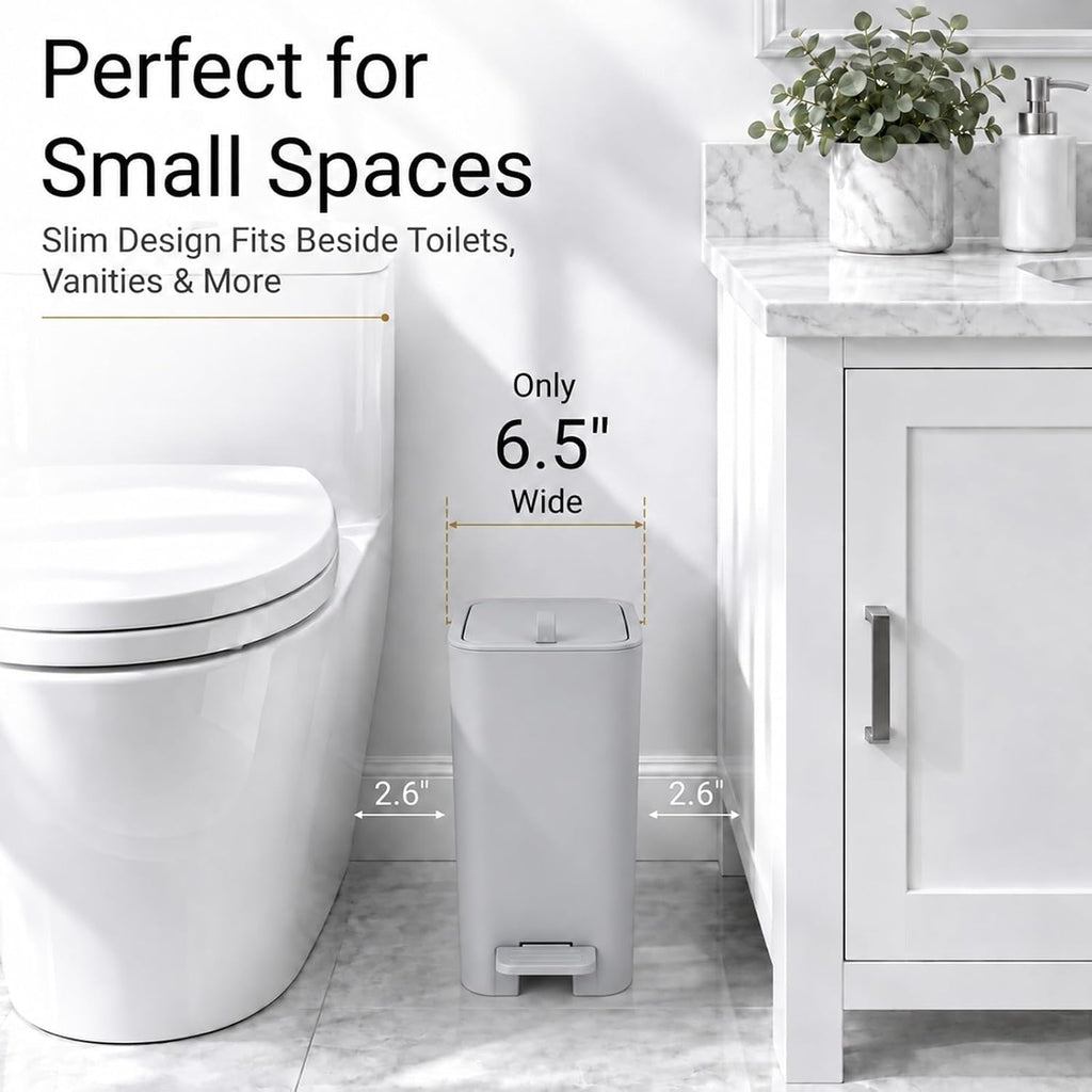 Small Bathroom Trash Can with Lid, Slim Garbage Can, 2.1 Gallon, Gray