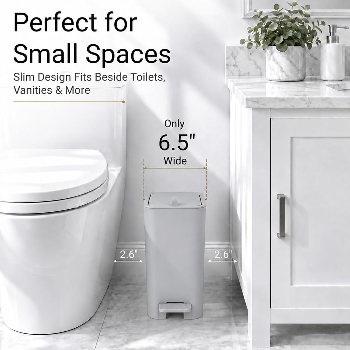 Small Bathroom Trash Can with Lid, Slim Garbage Can, 2.1 Gallon, Gray