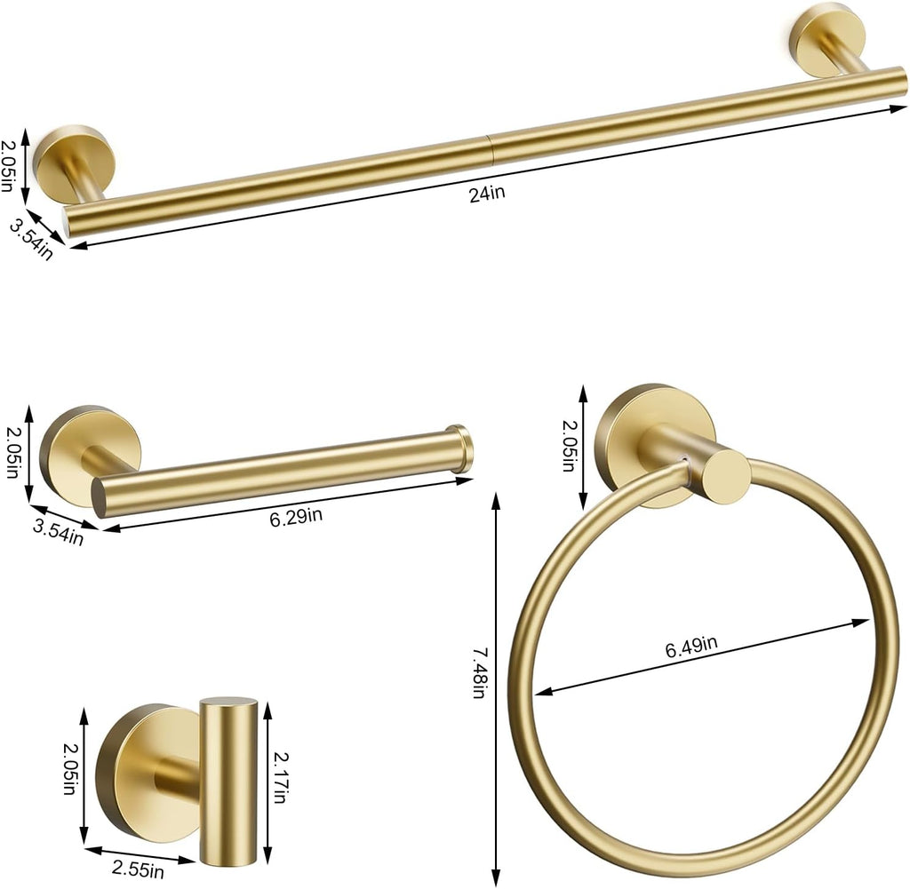 Brushed Gold Bathroom Accessories Set, 6 Pieces Bathroom Hardware Set Gold Bathroom Set, 24 Inch Towel Racks for Bathroom, SUS304 Stainless Steel Bath Towel Bar Set Toilet Paper Holder Wall Mounted