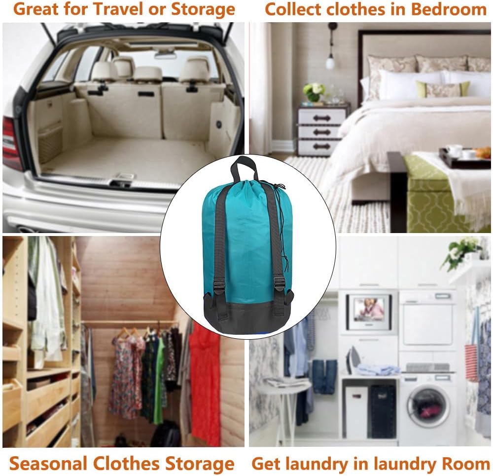 Washable Laundry Bag Backpack with Zipper Pocket, Heavy Duty Clothes Bag, 2 Strong Adjustable Shoulder Straps with Drawstring Closure for Travel, Camping or College, Blue Aqua
