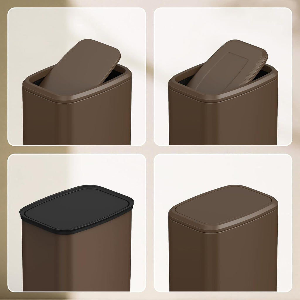 8L/2.1 Gallon Small Bathroom Trash Can with Lid, Swing-Top Rectangular Waste Bin, Stainless Steel Garbage Can for Home, Office, Toilet, Bedroom, Living-Room (Brown)