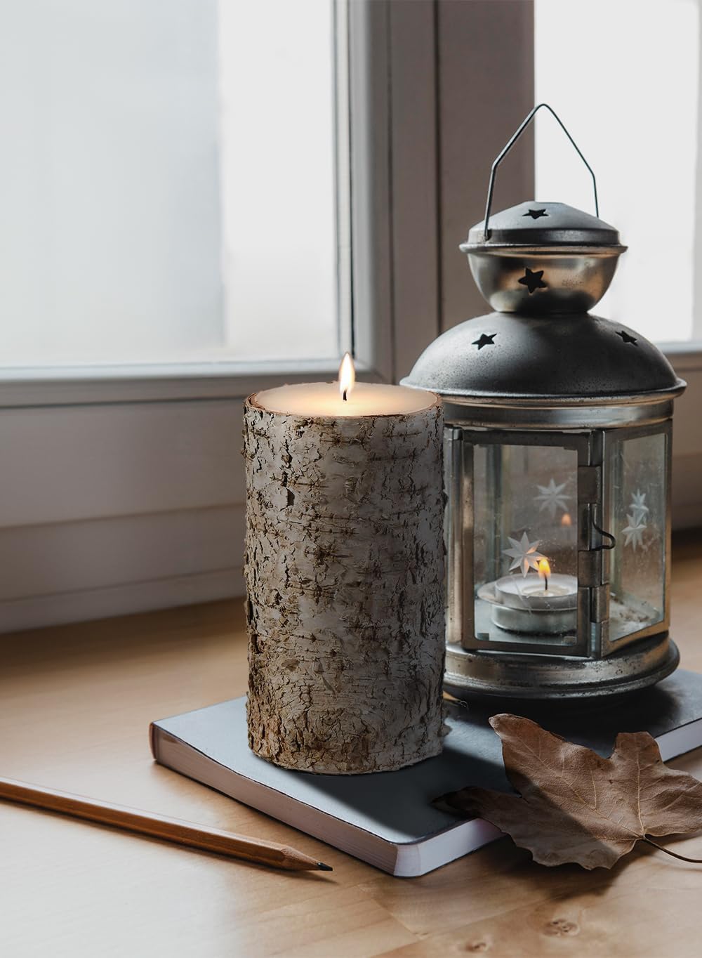 Serene Spaces Living Birch Bark Candle – Pillar Style Candle Brings Nature Indoors, Ideal for Weddings, Parties, Events, Restaurants, Home Decor, 4" in Diameter & 8" Tall