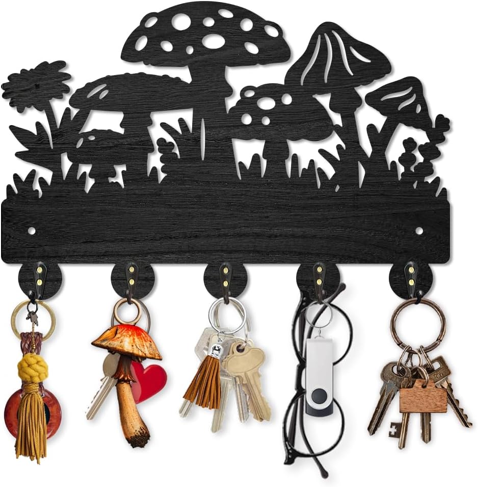 MAYJOYDIY Mushroom Coat Rack Wall Mounted Wildflower Meadow Wood Key Hooks for Wall 11.8×7.9inch Black Key Holder Hanger Wall Art Decor with 5 Alloy Hooks for Gift Hallway Entryway Kitchen