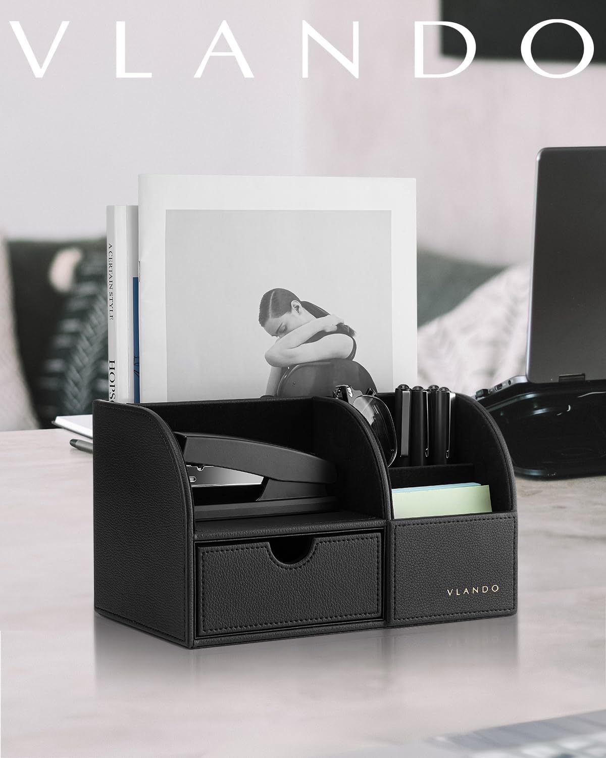VLANDO 2 Pcs PU Leather Desk Caddy Set with Drawer,Pen Holder