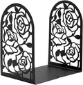 Elegant Rose Bookends Hollow-Out Rose Flower Book Ends Shelves Organizer Metal Book Stands Journal Book Holder Reading Room Decorative Bookends Library Book Stoppers for Office Home School (Black)