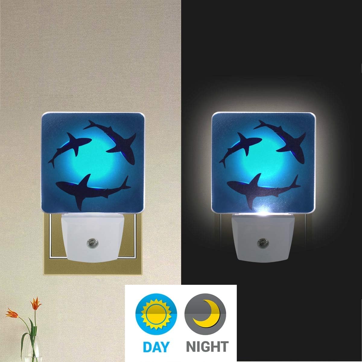 Naanle Set of 2 Floating Shark Blue Ocean Water Auto Sensor LED Dusk to Dawn Night Light Plug in Indoor for Adults