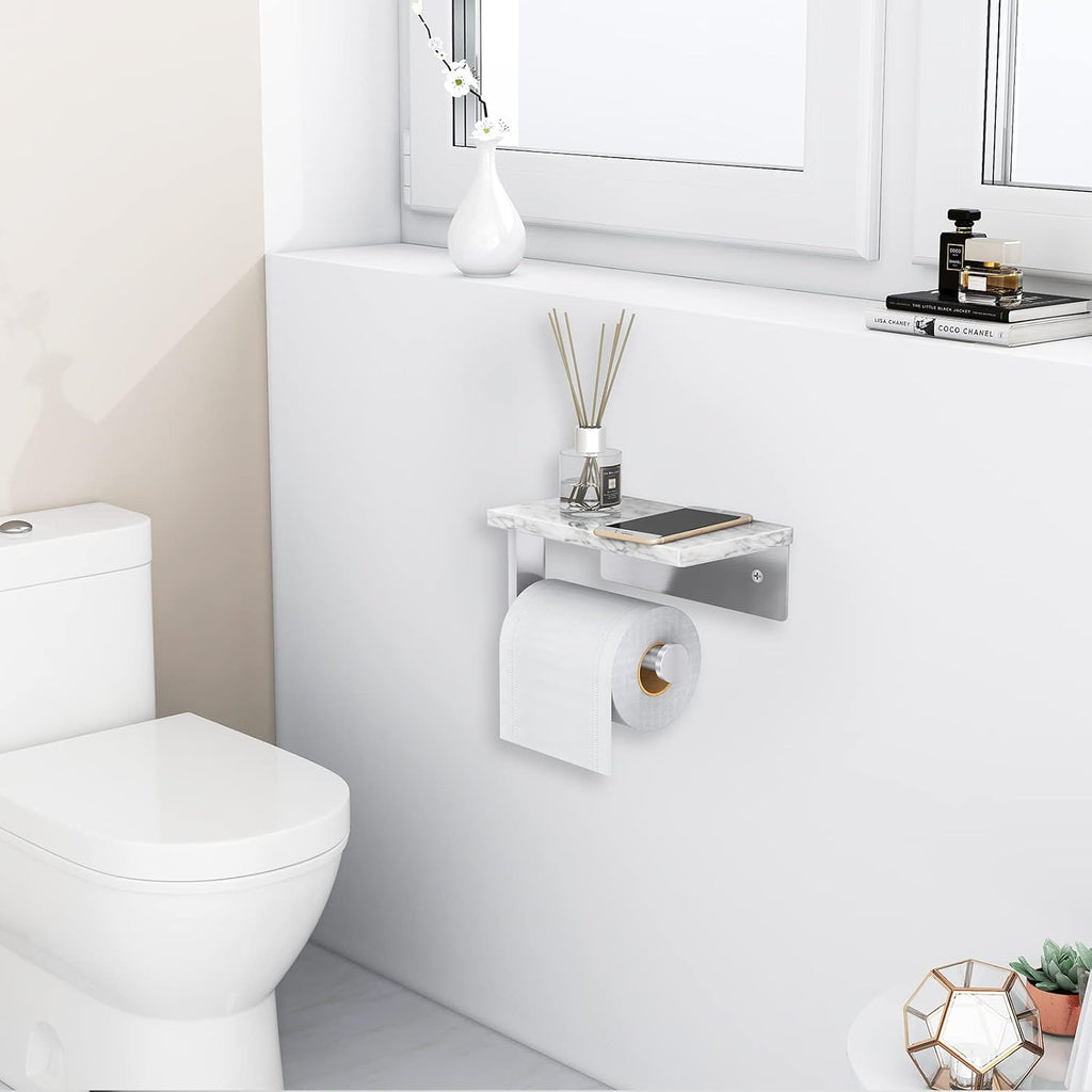Gypie Toilet Paper Holder with Marble Shelf, Wall Mounted Brushed Nickel