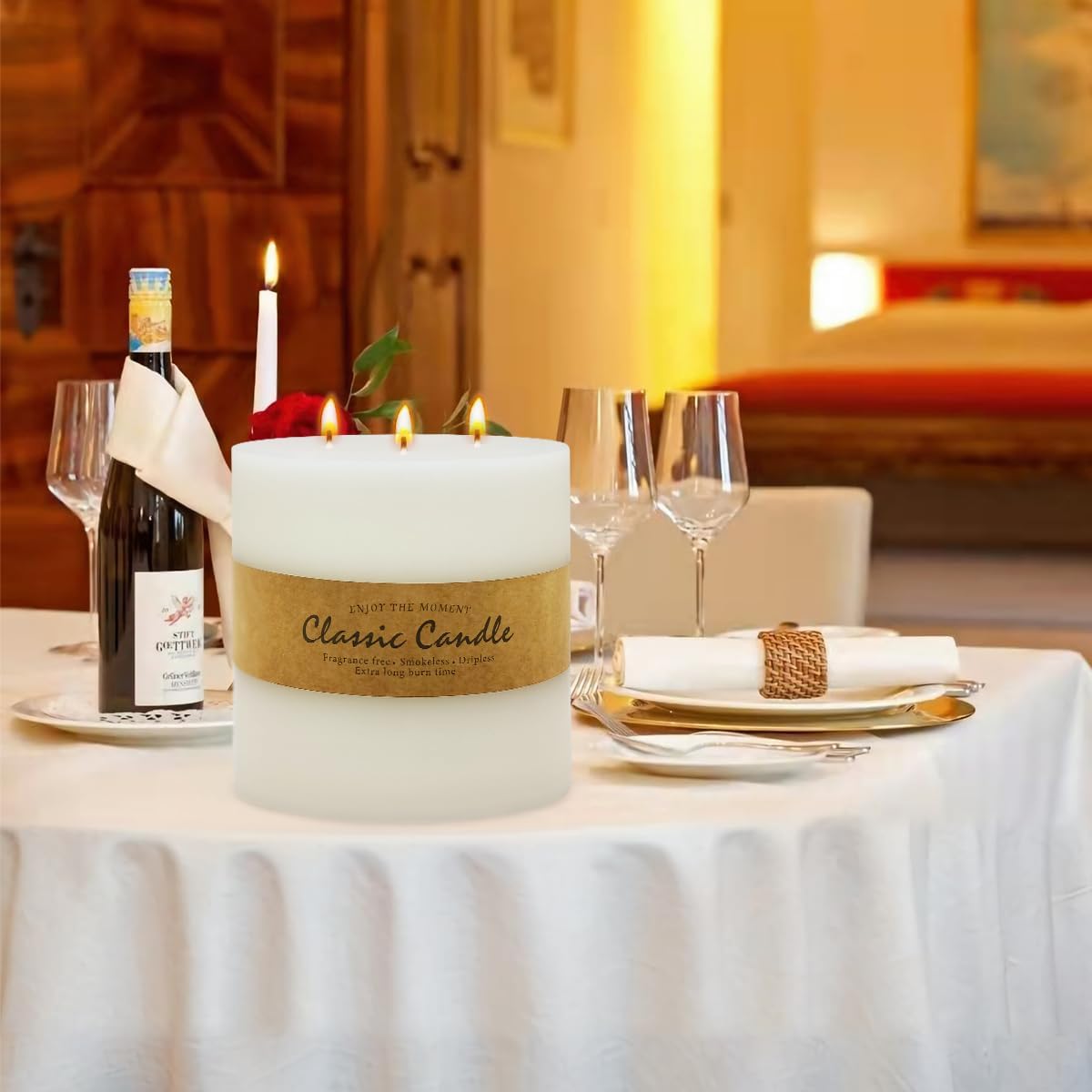 Large 3-Wick White Pillar Candle for Home Decoration - 6x6 Inch