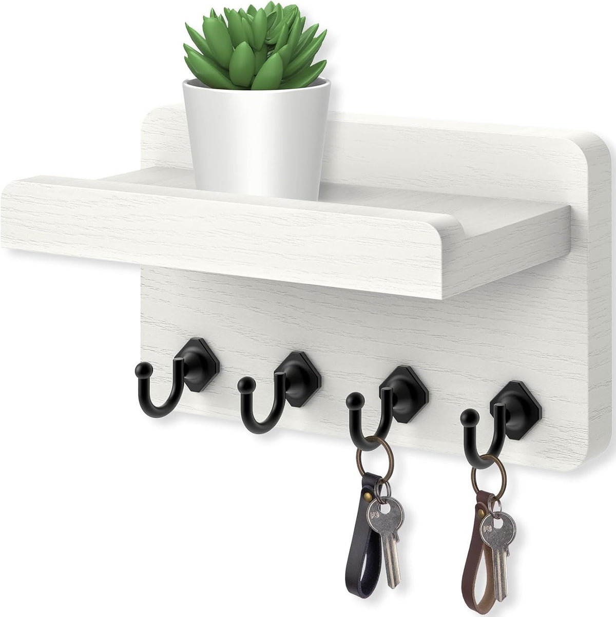 Nekon Key Holder Wall Mount, 8.5 Inch Small Wooden Wall Organizer, White