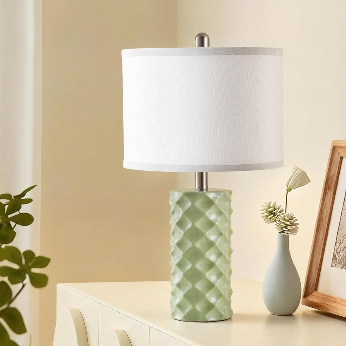 Star Diamond Ceramic Table Lamps Set of 2 - Sage Green Nightstand Lamps 23"