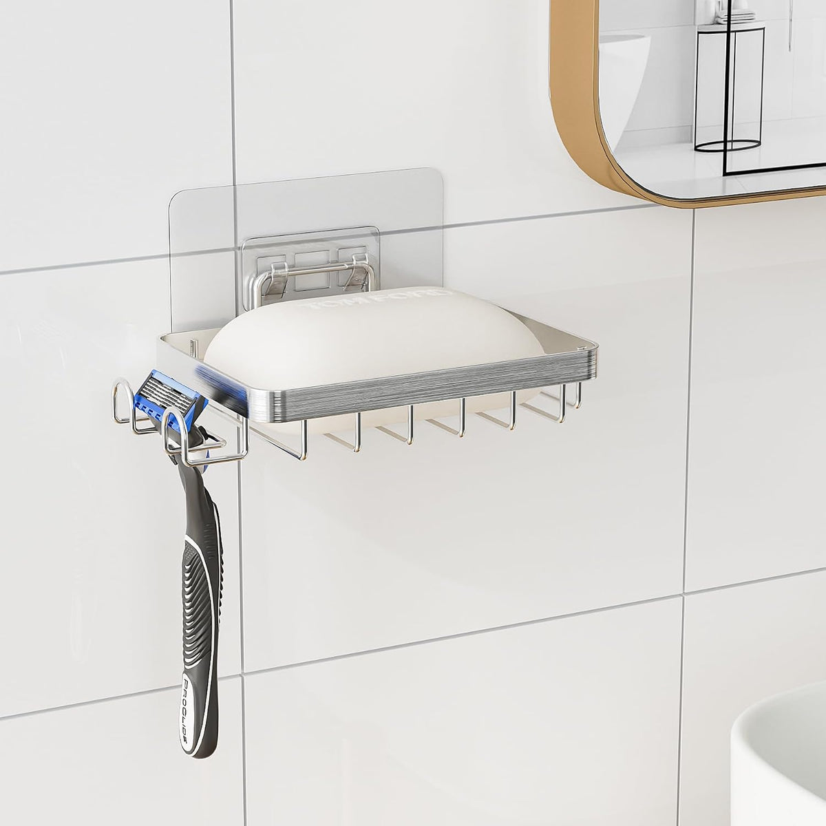 Stainless Steel Adhesive Soap Bar Holder for Shower Wall with 2 Hooks