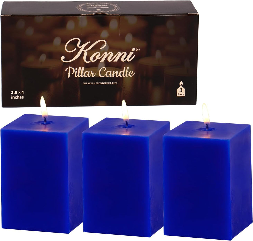 KONNI Pillar Candles Set of 3,2.8"X 4" Classic Blue Unscented Pillar