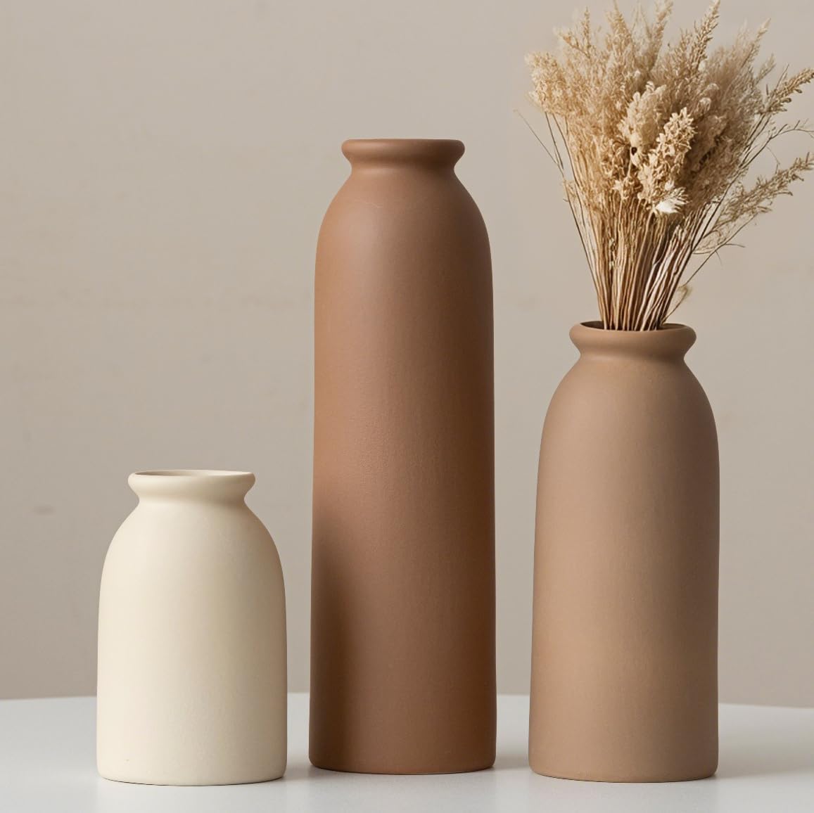 10.4 inches Tall Decorative Ceramic Vase Set, 3 Pieces, Nordic Modern Boho Style, White, Modern Farmhouse for Home Decor (Coffee Mix)
