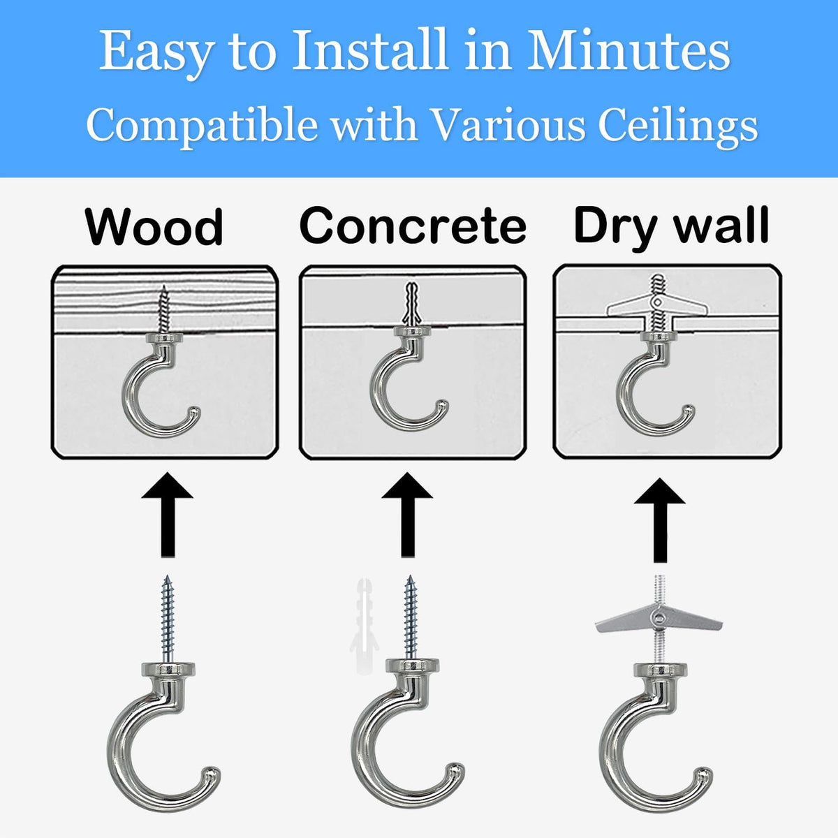 Heavy Duty Ceiling Hooks, Hanging Plants, Lights (2, Chrome)