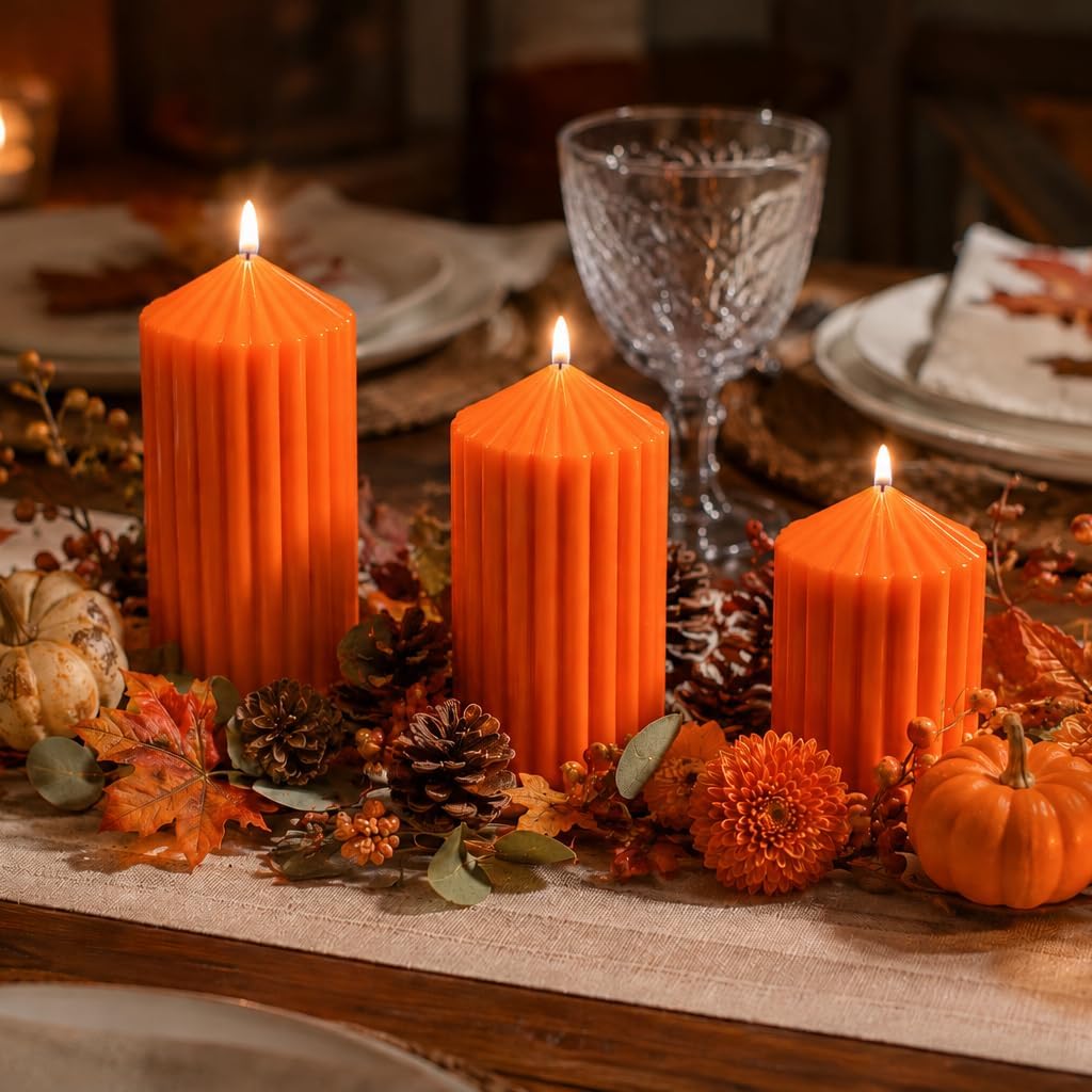 Orange Ribbed Pillar Candles Set of 3, Fall Pillar Candle for Fall Decor