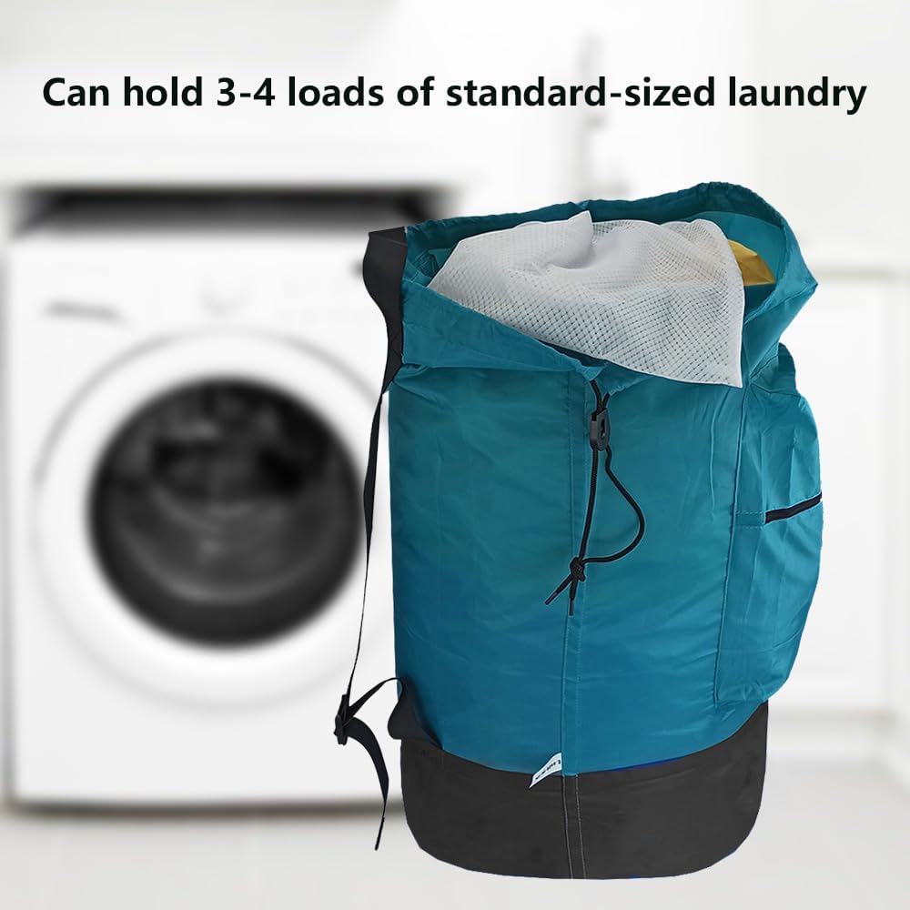 Washable Laundry Bag Backpack with Zipper Pocket, Heavy Duty Clothes Bag, 2 Strong Adjustable Shoulder Straps with Drawstring Closure for Travel, Camping or College, Blue Aqua