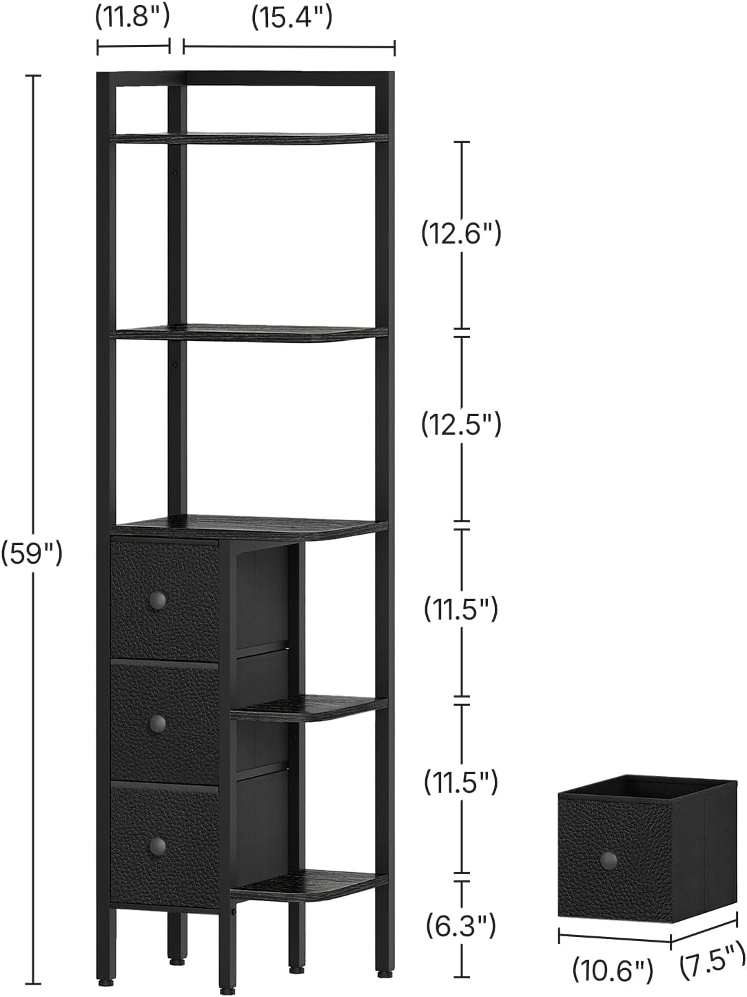 YATINEY 5-Tier Corner Shelf Stand, Corner Bookshelf with 3 Drawers, Black