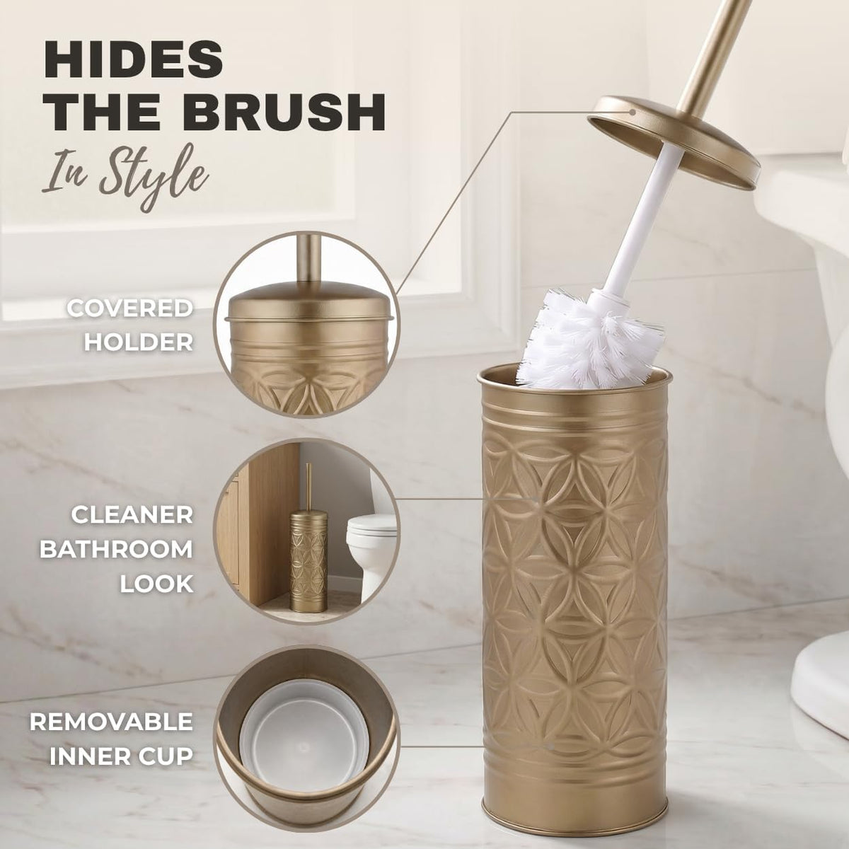 Autumn Alley Farmhouse Antique Gold Bathroom Accessories Set – Includes Gold Bathroom Trash Can & Toilet Brush with Holder, Handcrafted Modern Waste Bin & Standing Toilet Brush, Embossed Metal Décor