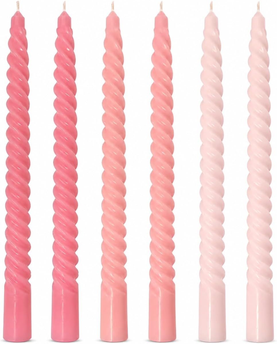 10 Inch Gradient-Pink Spiral Taper Candle Set, 6 Pack Unscented Dripless Candlesticks for Wedding, Holiday Décor, and Festive Dinners