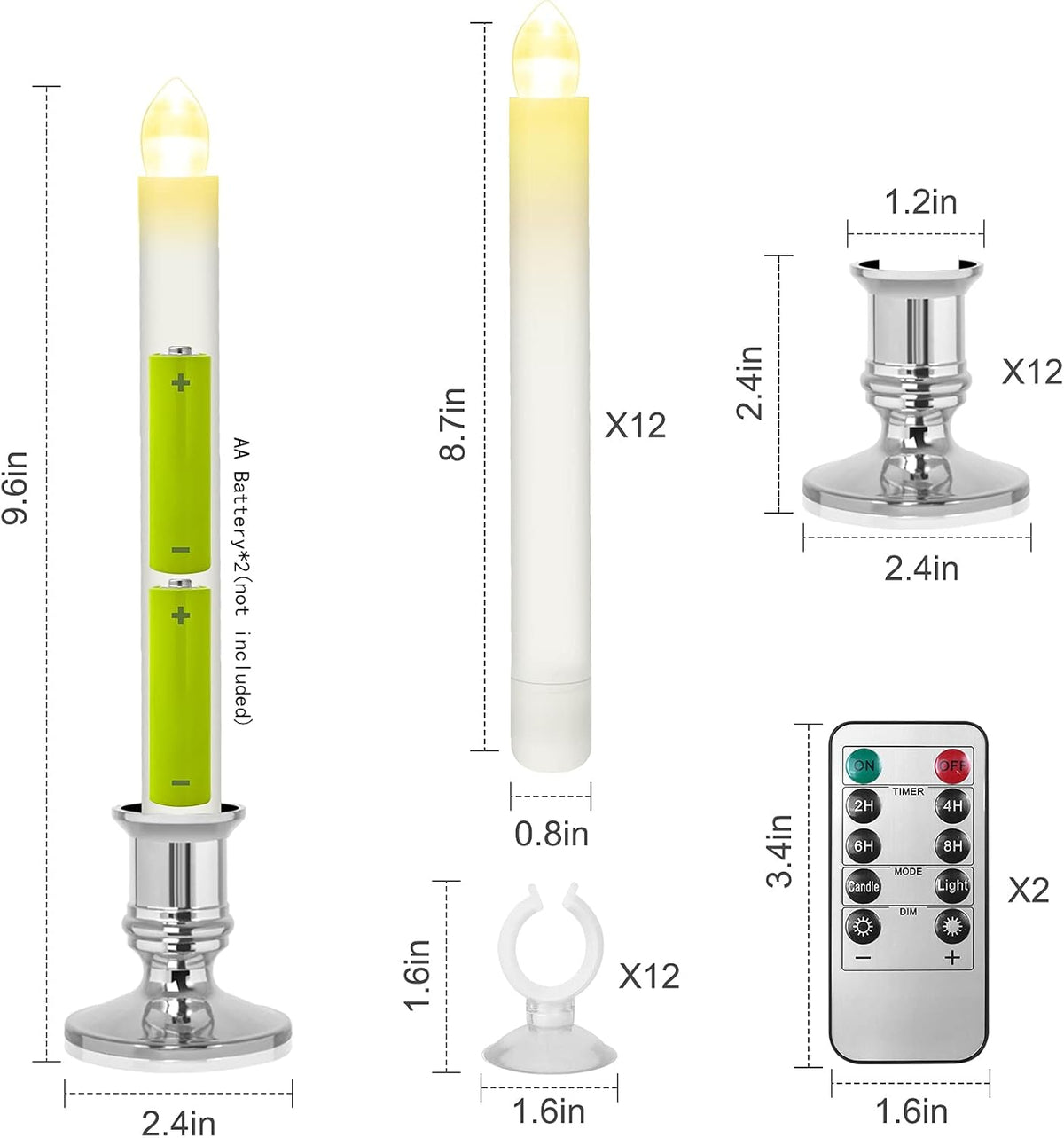Window Candles 12 Pack Battery Operated with Timer, Flameless, 2 Remote Controls - Christmas Window Lights, Removable Silver Holder and Suction Cup for Home Decorations