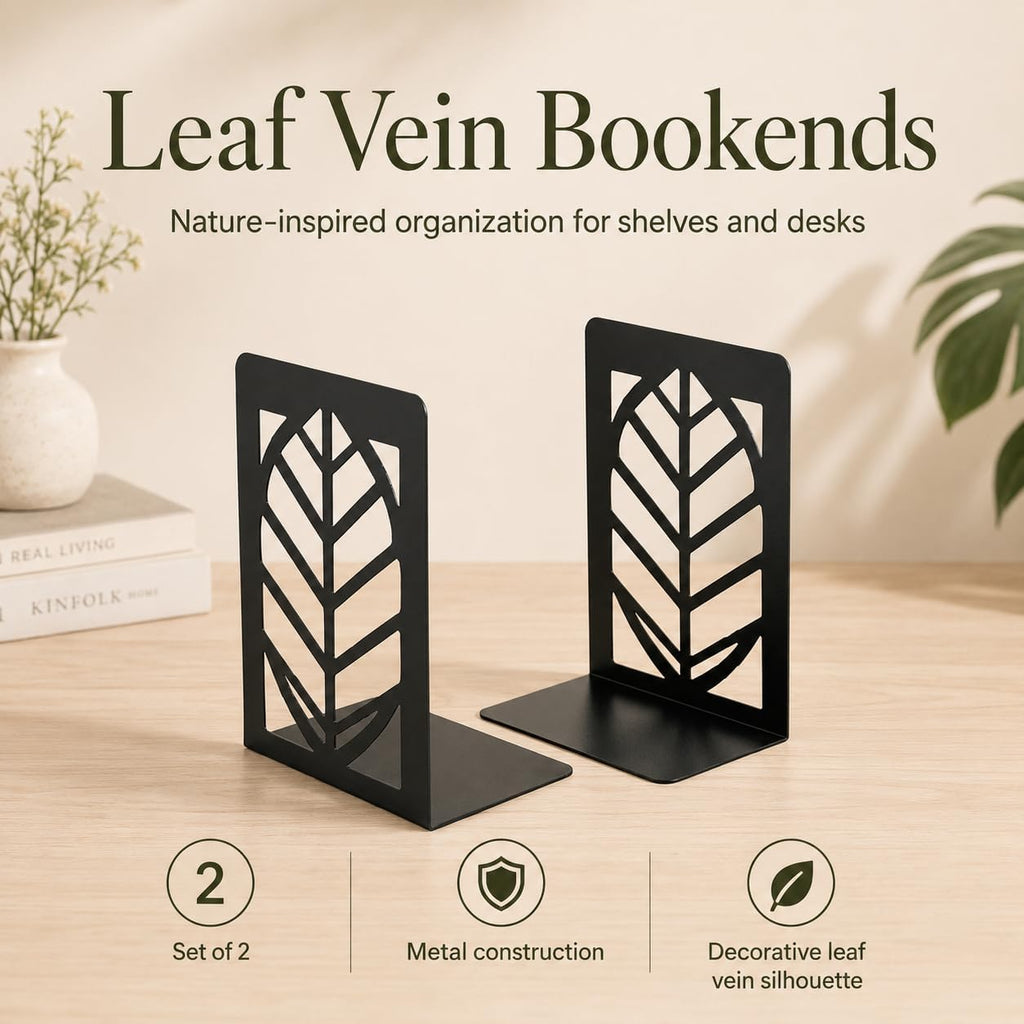 Leaf Vein Bookends, Set of 2 (1 Pair), Matte Black Metal Book Ends for Shelves, Bookshelf, Desk and Home Library Decor