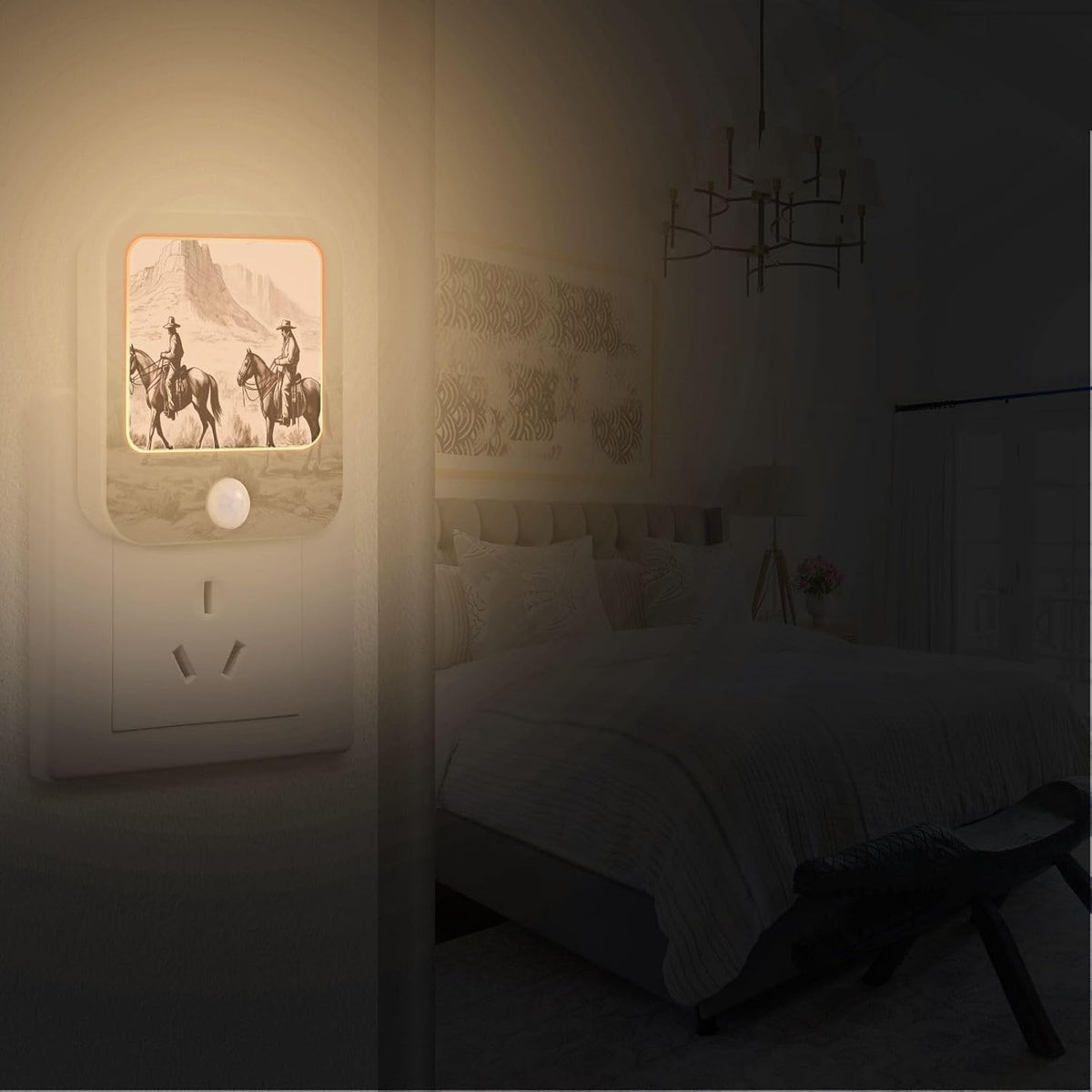 American Wild West Desert with Cowboys Night Light Plug into Wall 2 Pack Plug-in LED Nightlights with Dusk to Dawn Sensor White Light Perfect for Bathroom Kitchen Hallway and Stairs