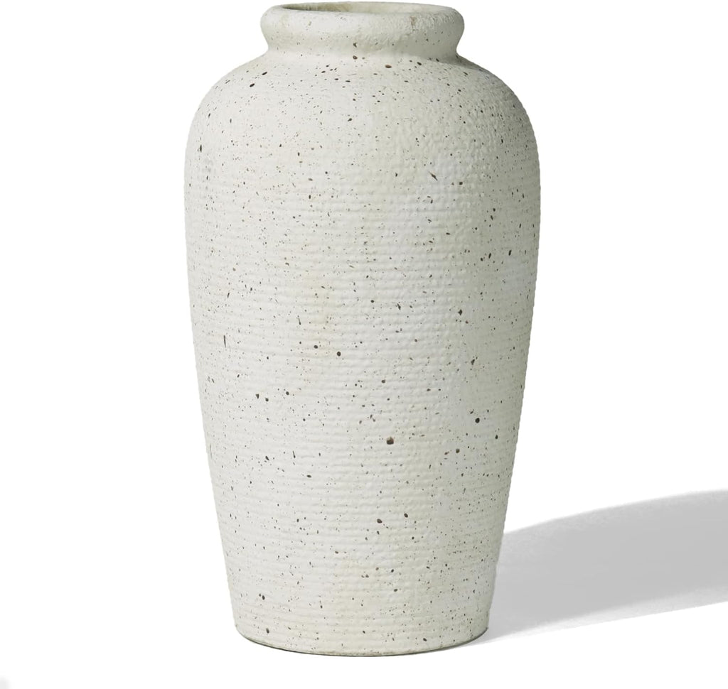Large Beige Ceramic Vase, 11 Inch Ribbed Speckled Rustic Vase for Decor