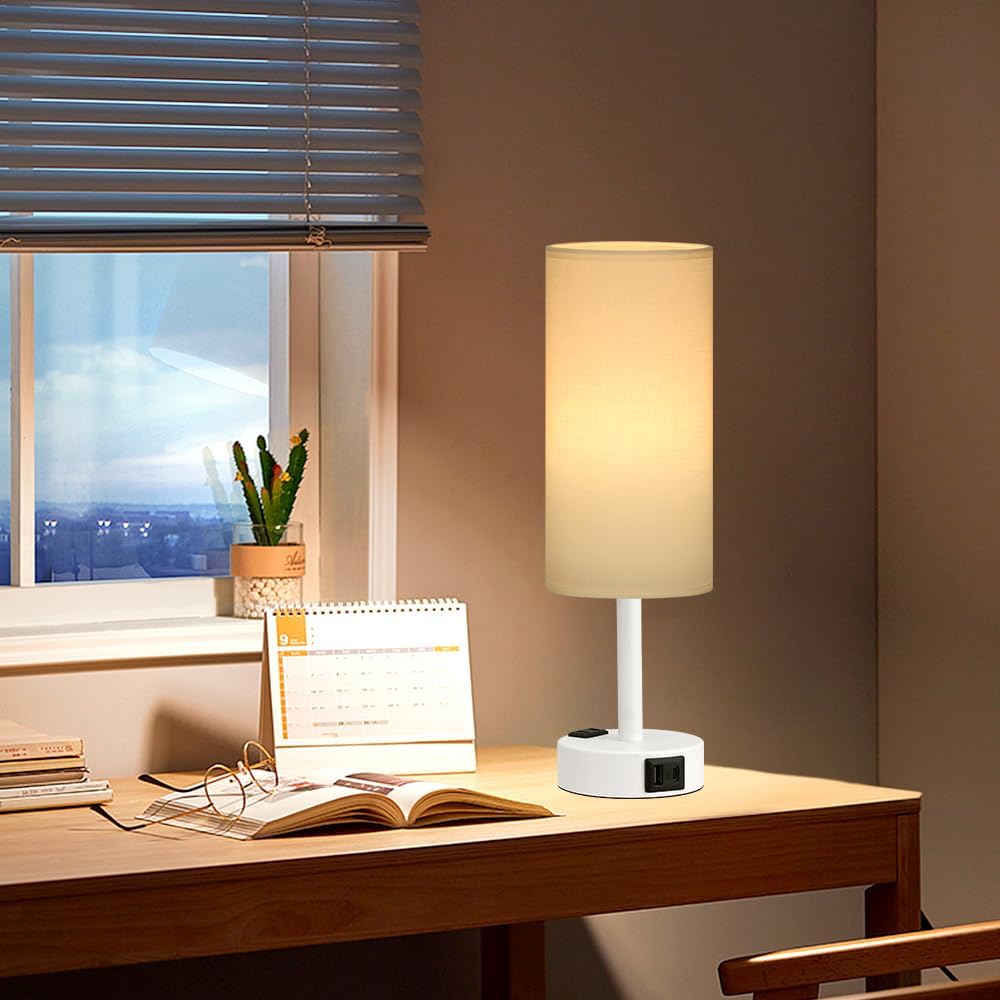 Fenmzee White Bedside Lamp for Bedroom, Dimmable Touch, USB A+C, AC Outlet