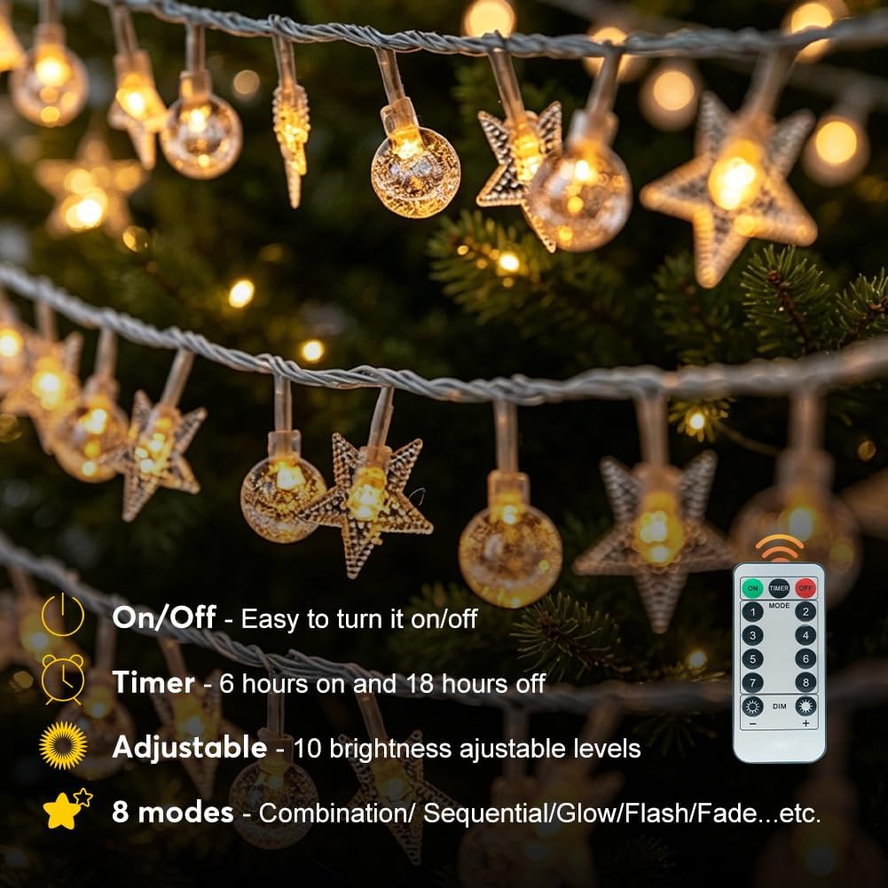 50 Star & 50 Globe String Lights with Remote for Indoor Bedroom Warm White