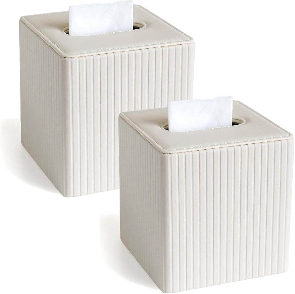 2 PC Leather Ivory White Tissue Box Cover, Square Tissue Box Holder Compatible with Kleenex for Bathrooms